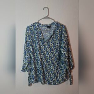 Jones New York Floral Blouse Blue Green Tie Sleeve Sheer Work Boho Top 1X